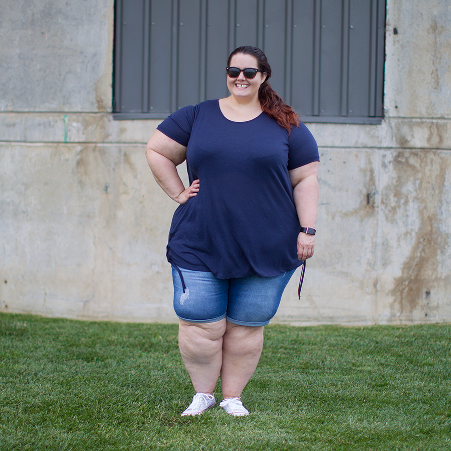 Plus size fashion blogger Meagan Kerr wears Kate Madison shorts from The Warehouse