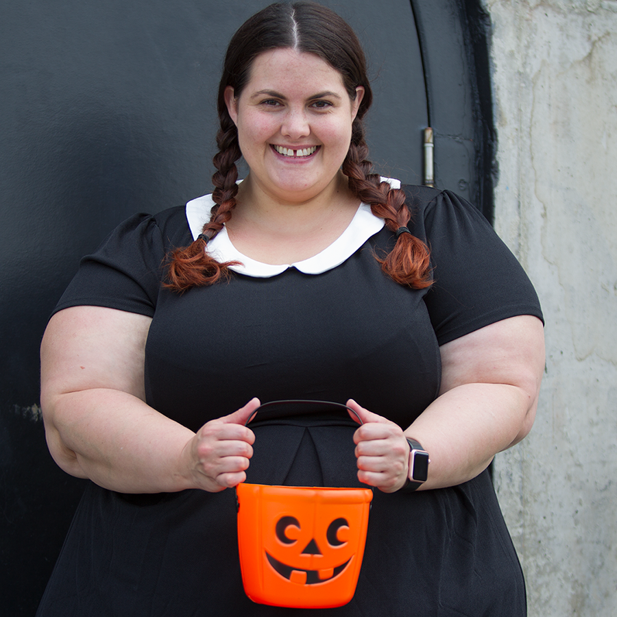 Plus size blogger Meagan Kerr dresses up as Wednesday Addams for Halloween