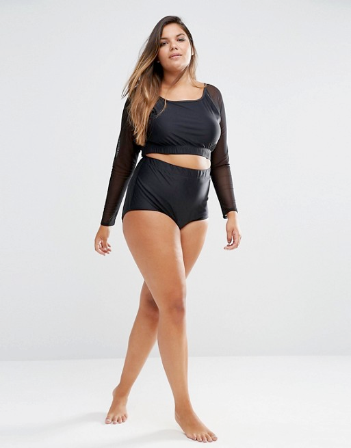 Monif C Black Mesh Sleeved Bikini Crop Top and High Waisted Bottoms