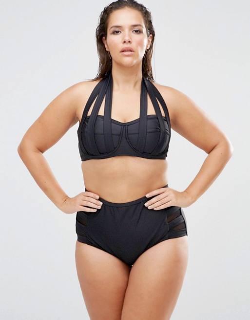 Monif C Black Strappy Bikini Top and Mesh Insert High Waisted Bottoms