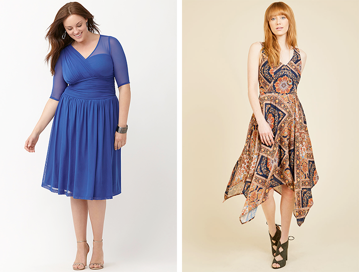 Plus size party outfits: Kiyonna Modern Mesh Dress from Lane Bryant and Evenings in Athens Midi Dress from ModCloth