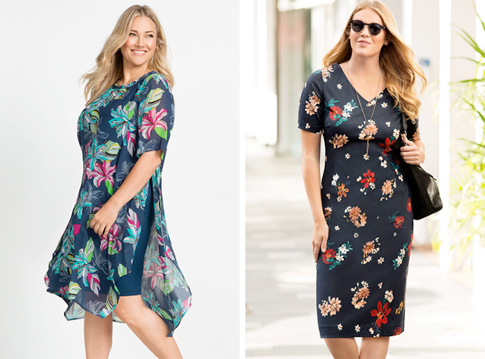Plus size party outfits: Sara Drape Dress and Sara Floral Sateen Dress from EziBuy
