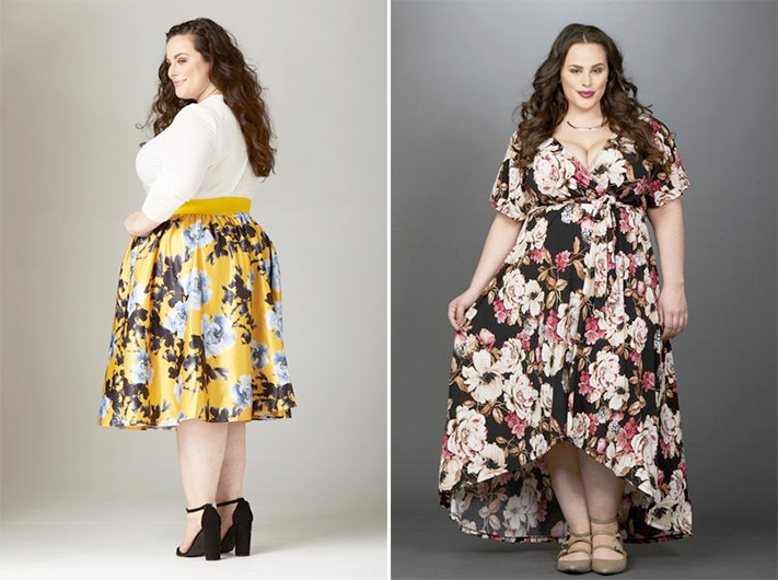 Plus size party outfits: Soiree Midi Skirt and Floral Faux Wrap Dress from Society Plus