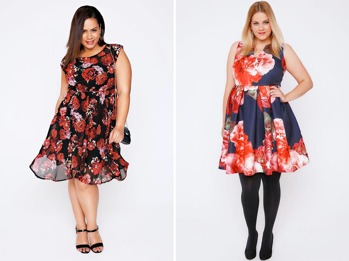 Plus size party outfits: Rose Print Chiffon Skater Dress and Floral Print Skater Dress from Yours Clothing