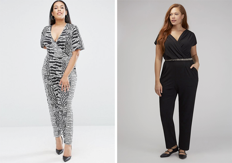 Plus size party outfits: ASOS CURVE Wrap Jumpsuit from ASOS and Embellished Jumpsuit from Lane Bryant