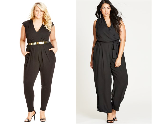 Plus size party outfits: Deep V Jumpsuit and Lush Jumpsuit from City Chic