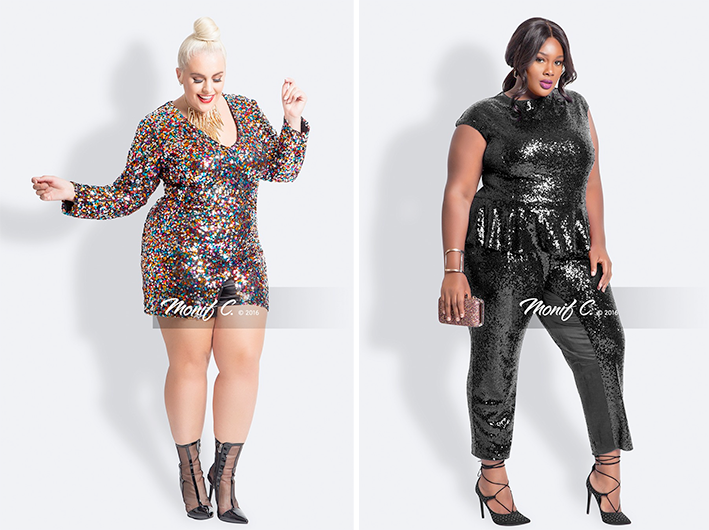 Plus size party outfits: Charlene Sequinned Romper and Pauletta Sequinned Peplum Jumpsuit from Monif C