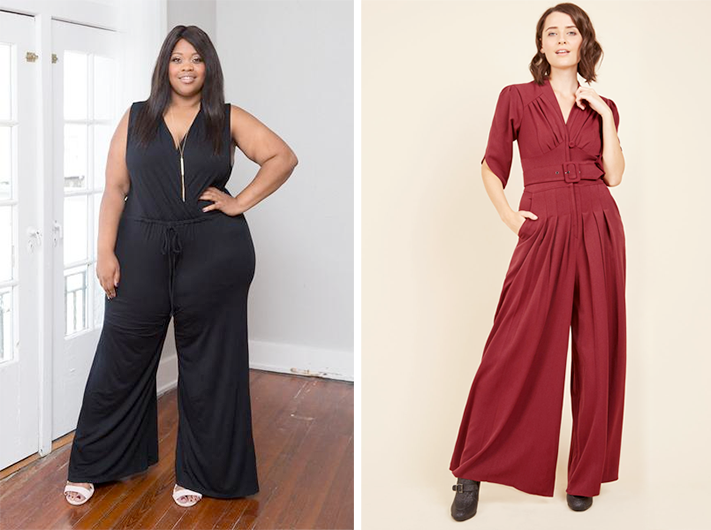 Plus size party outfits: Sleeveless Jumpsuit from Society Plus and The Embolden Age Jumpsuit from ModCloth