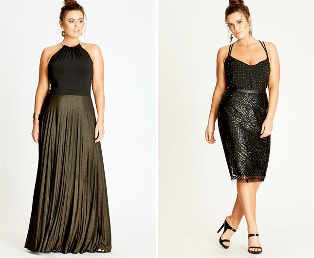 Plus size party outfits: Shimmer Pleat Maxi Dress and Geo Sequin Skirt from City Chic