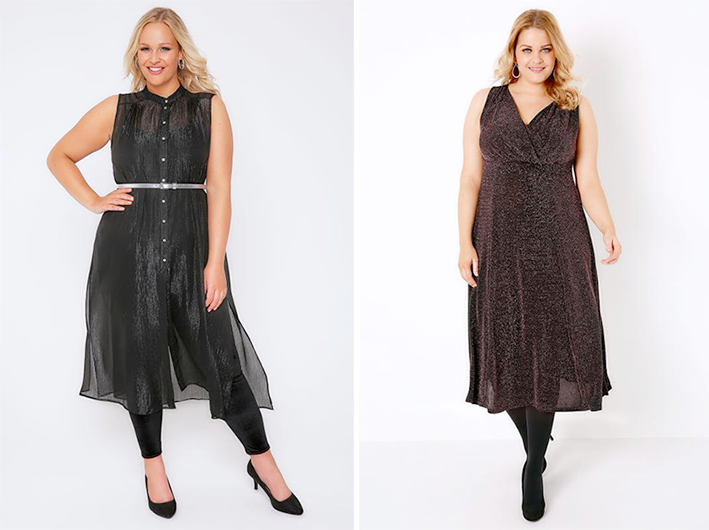 Plus size party outfits: Metallic Thread Maxi Button Down Shirt and Sparkle Wrap Front Midi Dress from Yours Clothing