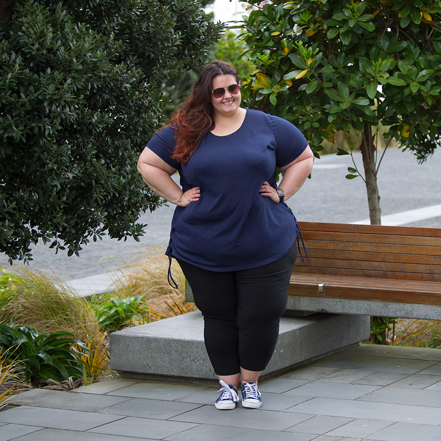 New Zealand plus size fashion blogger Meagan Kerr wears Kate Madison Lace Up Side Top and Cropped Bengaline Pants from The Warehouse