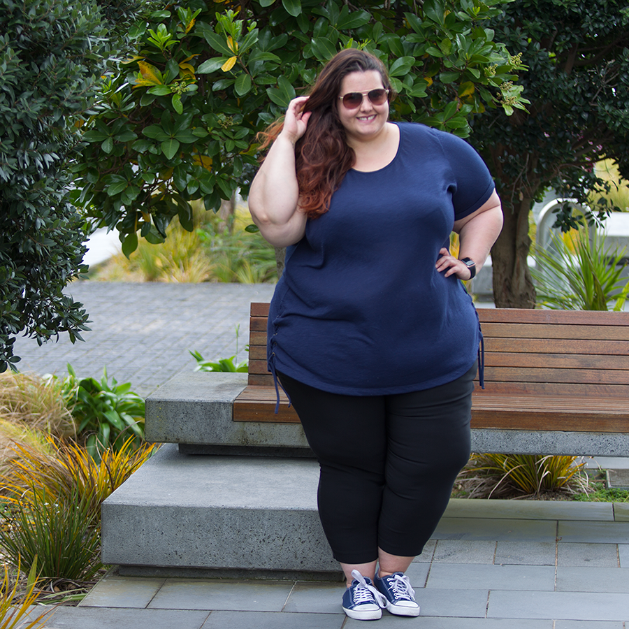 New Zealand plus size fashion blogger Meagan Kerr wears Kate Madison Lace Up Side Top and Cropped Bengaline Pants from The Warehouse