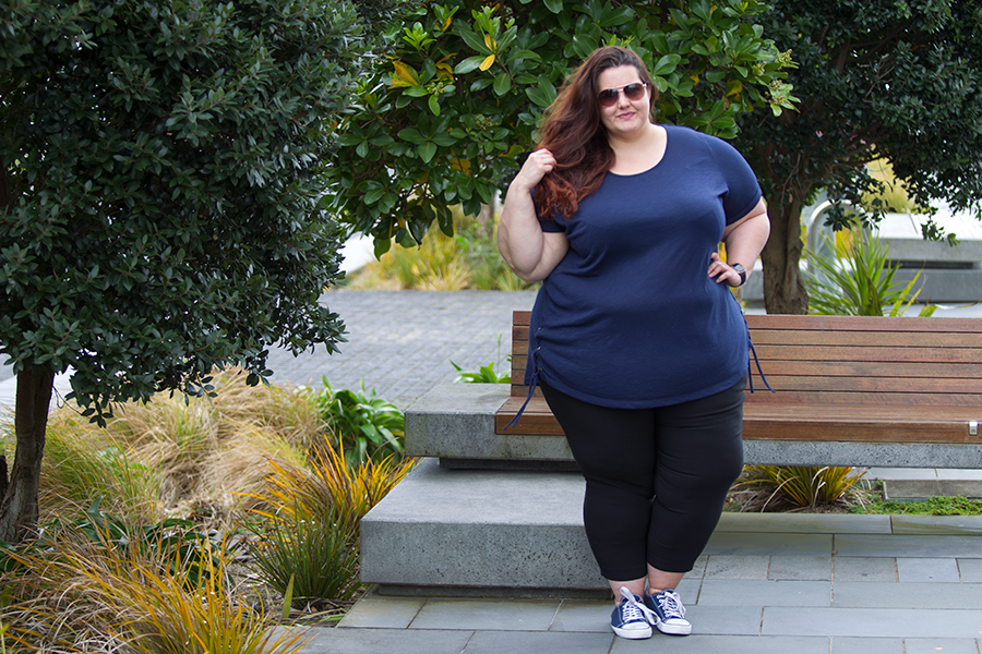 New Zealand plus size fashion blogger Meagan Kerr wears Kate Madison Lace Up Side Top and Cropped Bengaline Pants from The Warehouse