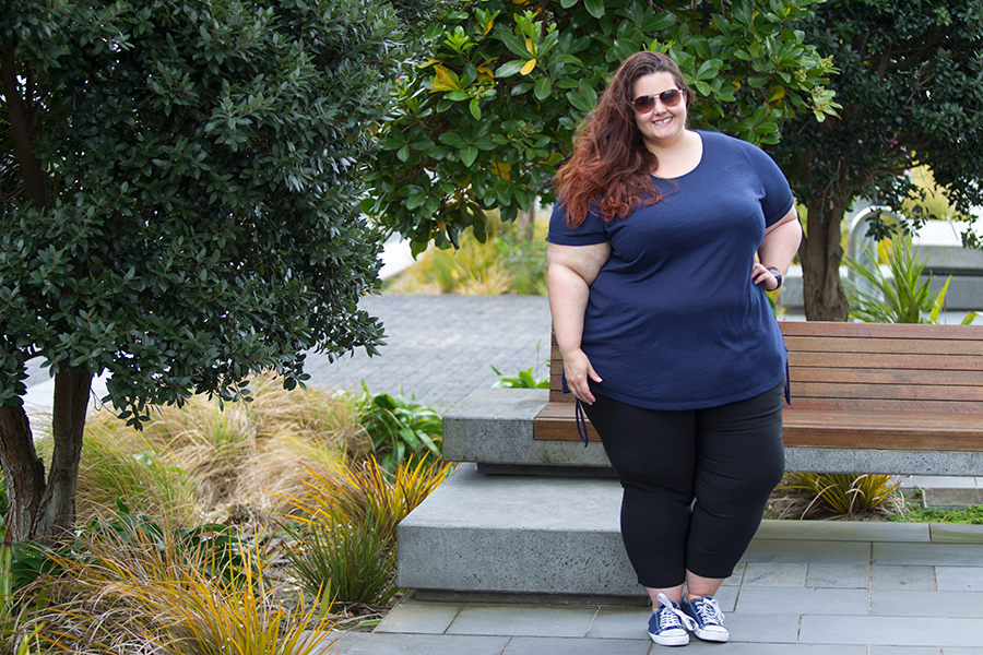 New Zealand plus size fashion blogger Meagan Kerr wears Kate Madison Lace Up Side Top and Cropped Bengaline Pants from The Warehouse