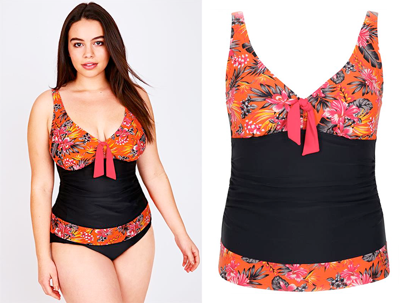 Yours Clothing Black & Orange Floral Print A Line Tankini Top