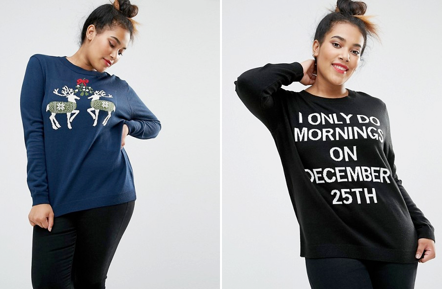 Plus size Christmas jumpers and tees: ASOS CURVE Christmas Jumper with Kissing Reindeers and ASOS CURVE 'I Only Do Morning's on the 25th of December' Christmas Jumper