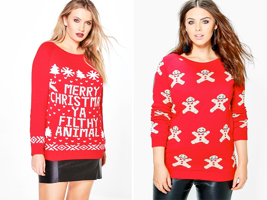 Plus size Christmas jumpers and tees: Boohoo Plus Merry Christmas Ya Filthy Animal Jumper and Boohoo Plus Gingerbread Man Xmas Jumper