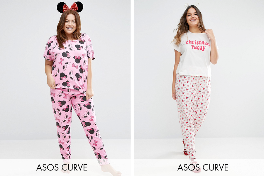 Christmas pyjamas: ASOS CURVE Minnie Mouse Print Tee & Legging Pyjama Set $54.95 and ASOS CURVE Christmas Vacay Tee & Pyjama Pant Set $34.87 from ASOS