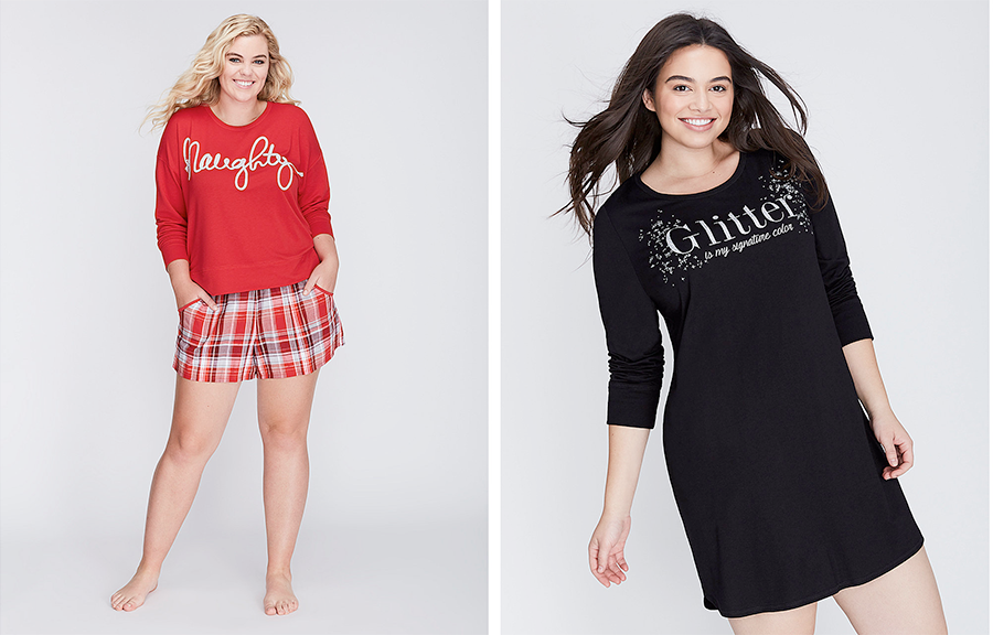 Christmas pyjamas: Naughty Sleep Tee $96.70, Shorts $58.00 and Glitter Sleep Shirt $71.60 from Lane Bryant