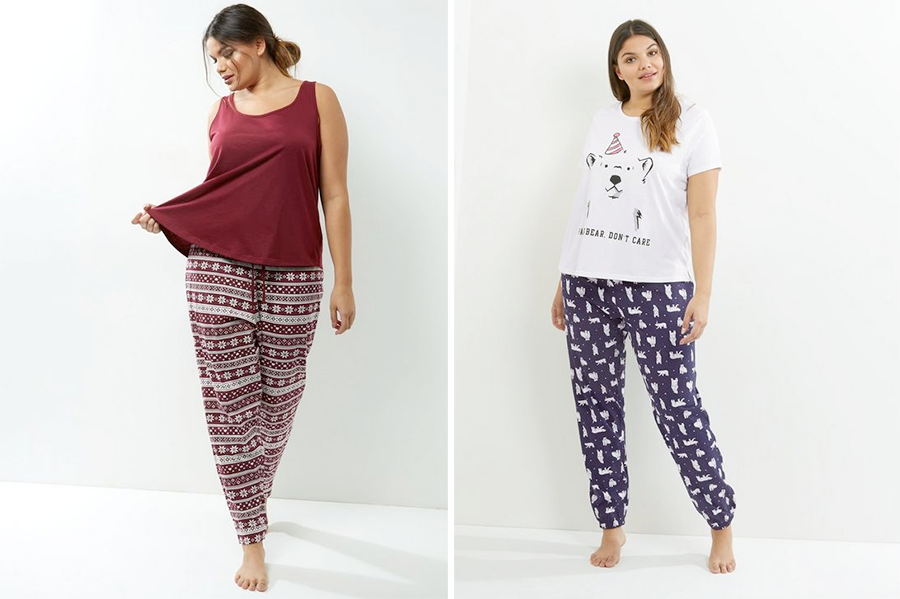 Christmas pyjamas: Curves Burgundy Fairisle Pyjama Set €14.99 and Party Bear Pyjama Set €22.99 from New Look