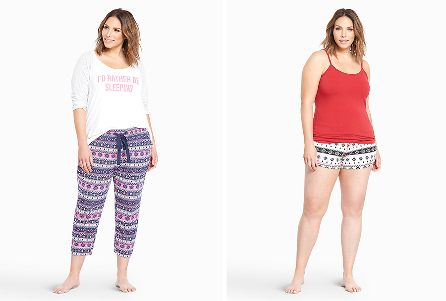 Christmas pyjamas: I'd Rather Be Sleeping Sleep Tee USD $24.43 and Fair Isle Pajama Pants USD $23.03; Snuggle Up Cami USD $13.23 and Sleep Skull Fair Isle Shorts USD $20.23 from Torrid