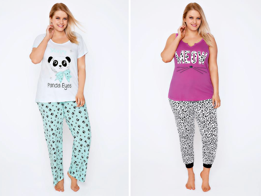 Christmas pyjamas: Panda Eye Pyjama Top AUD $24.00; Paw Print Pyjama Bottoms AUD $24.00; Meow Pyjama Top AUD $24.00; Animal Print Pyjama Bottoms AUD $24.00 from Yours Clothing