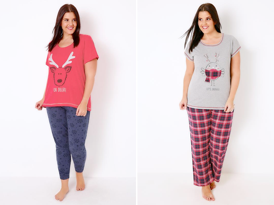 Christmas pyjamas: "Oh Deer" Reindeer Pyjama Set AUD $38.00 and Christmas Robin "Snuggle" Top & Checked Pyjama Bottoms AUD $42.00 from Yours Clothing