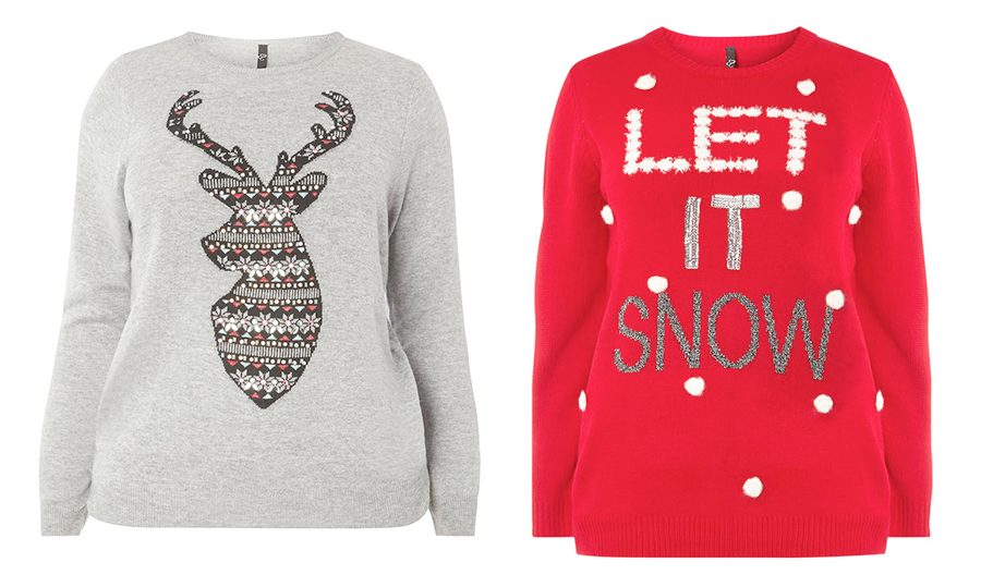 Plus size Christmas jumpers and tees: Evans Grey Reindeer Jumper and Evans Let it Snow Jumper