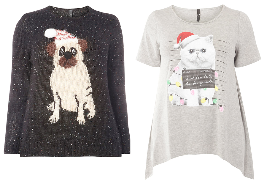 Plus size Christmas jumpers and tees: Black Sequin Pug Jumper and Naughty Cat Tee from Evans