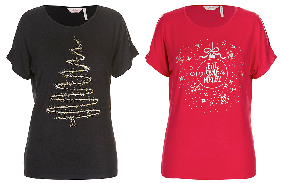 Plus size Christmas tshirts: Diamante Tree Split Sleeve Top and Be Merry Split Sleeve Top from Millers