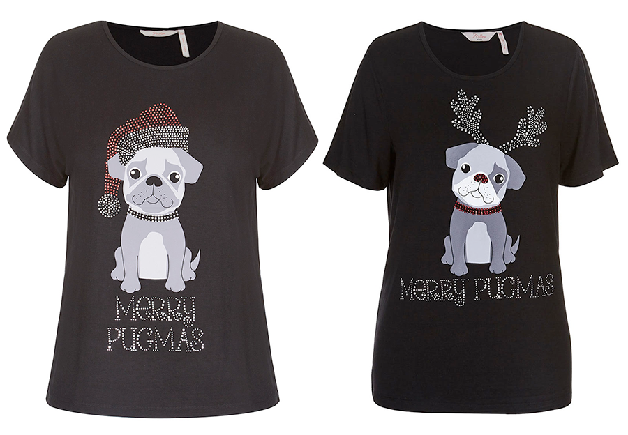 Plus size Christmas tshirts: Merry Pugmas Santa Split Sleeve Top and Merry Pugmas Reindeer Split Sleeve Top from Millers