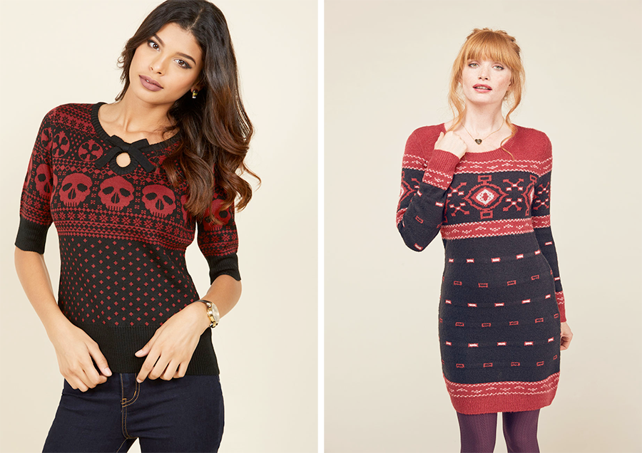 Plus size Christmas jumpers: ModCloth Happy Skull-idays Sweater and Apple Cider Toast Sweater Dress