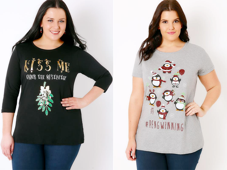 Plus size Christmas jumpers and tees: "Kiss Me Under The Mistletoe" Christmas 3/4 Sleeve T-Shirt and Christmas #pengwinning T-Shirt from Yours Clothing