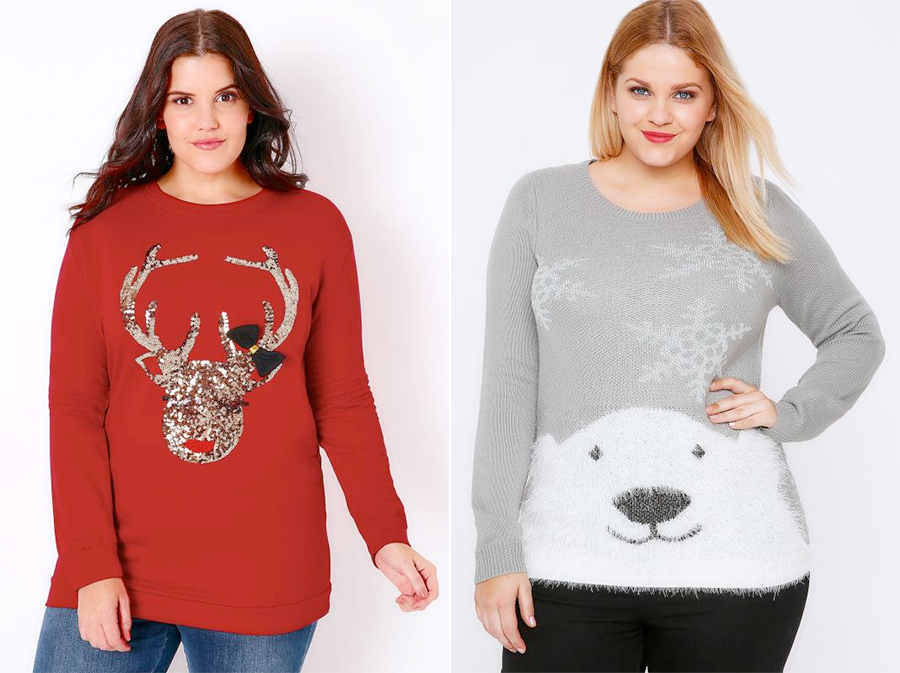 Plus size Christmas jumpers and tees: Red Sequin Reindeer Christmas Sweat Top and Polar Bear Knit Christmas Jumper