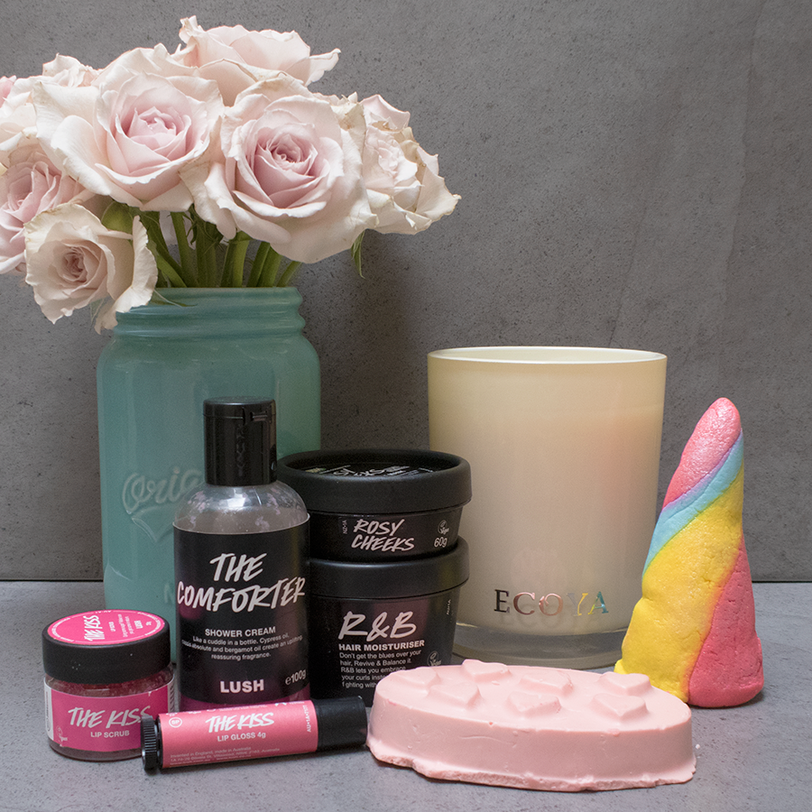 Be your own Valentine: The Kiss Lip Scrub; The Kiss Lip Tint; The Comforter Shower Cream; Rosy Cheeks Fresh Face Mask; R&B Hair Moisturiser; Love Spell Massage Bar; Unicorn Horn Bubble Bar