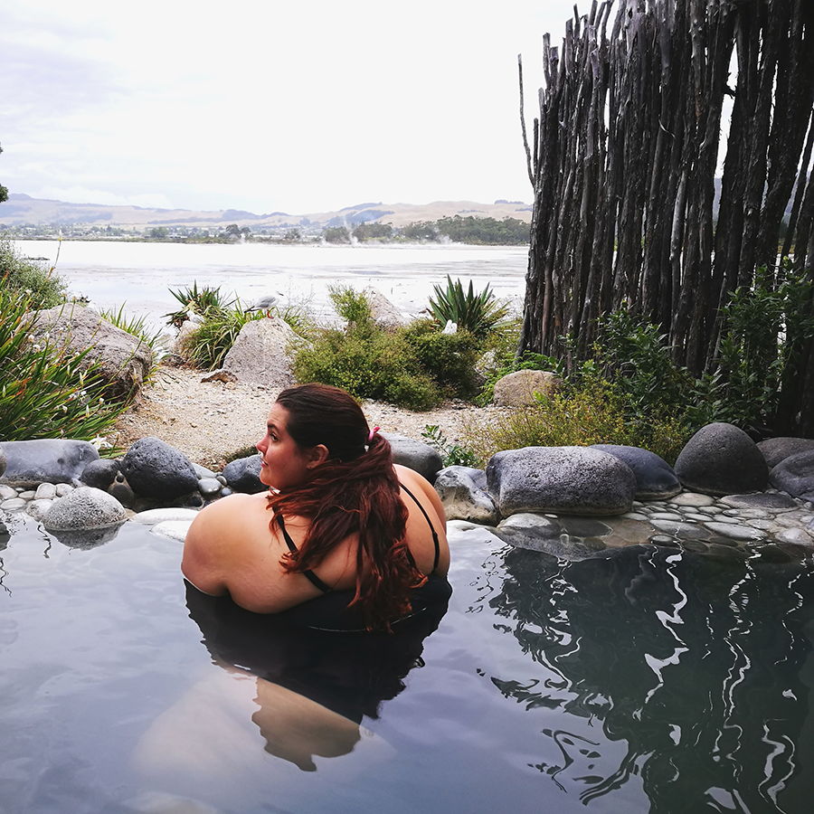 Meagan Kerr relaxing in a private pool at Polynesian Spa, Rotorua, New Zealand