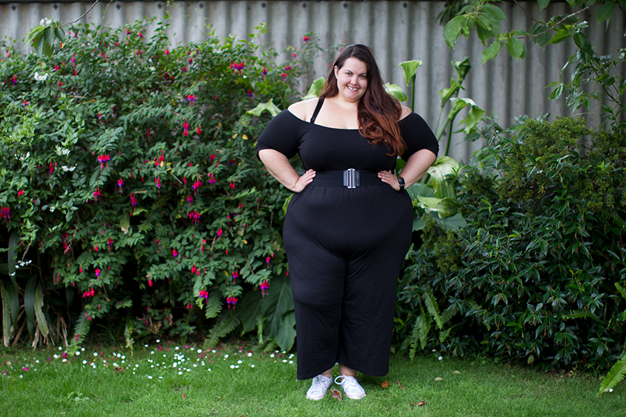 Meagan Kerr wears ASOS Curve Bardot Sleeve Jumpsuit