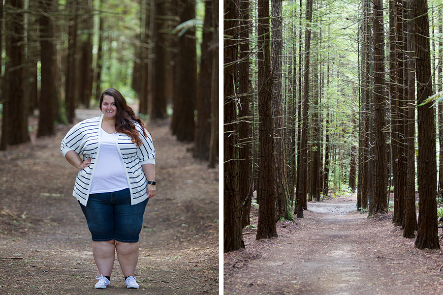 New Zealand plus size blogger Meagan Kerr wears white tee from Torrid and Kate Madison striped cardigan and blue denim shorts from The Warehouse