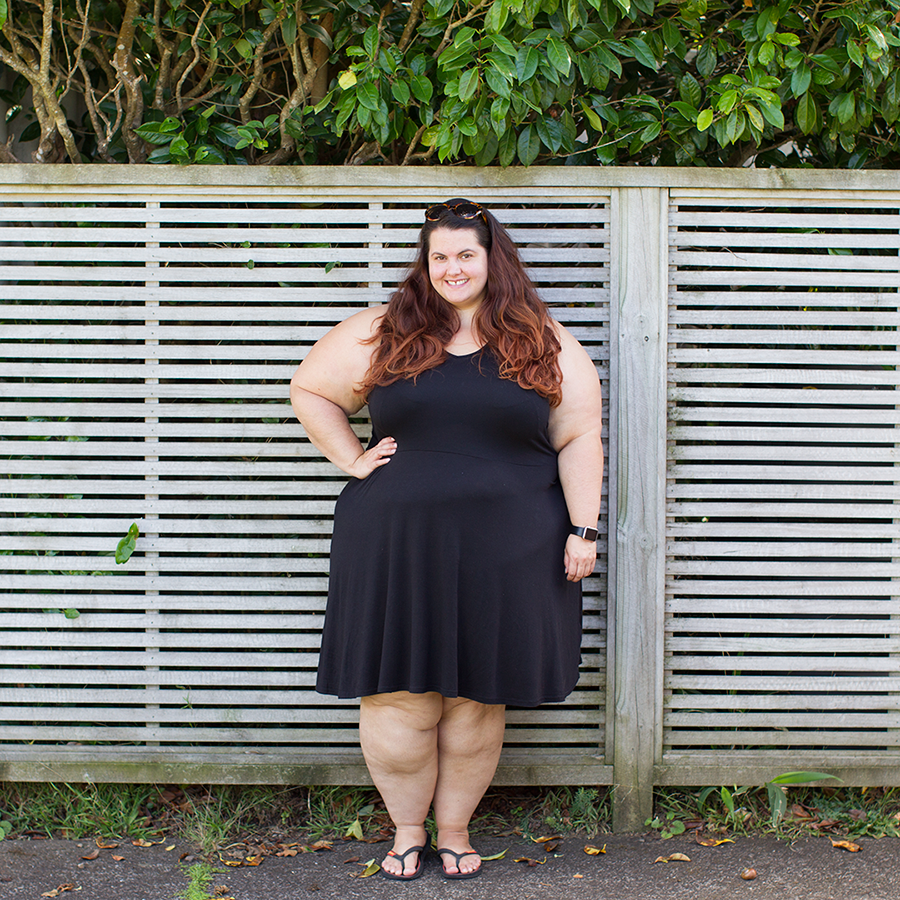 Meagan Kerr wears Boohoo Plus Livvy V Neck Skater Dress in size 26