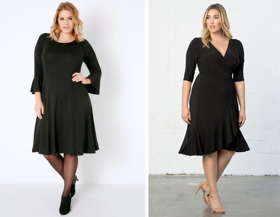 Black Fit & Flare Jersey Dress With Flute Sleeves, AUD $46.00 from Yours Clothing and Whimsy Wrap Dress, USD $98.00 from Kiyonna