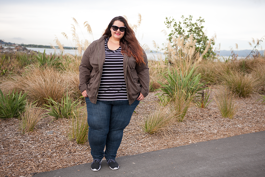 New Zealand plus size fashion blogger Meagan Kerr wears Mink Denim Tee from Myer, Kate Madison Jeans and Jacket from The Warehouse and Dolce&Gabbana Sunglasses from SmartBuyGlasses