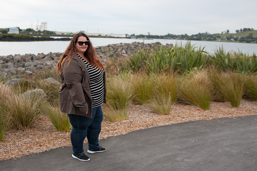 New Zealand plus size fashion blogger Meagan Kerr wears Mink Denim Tee from Myer, Kate Madison Jeans and Jacket from The Warehouse and Dolce&Gabbana Sunglasses from SmartBuyGlasses