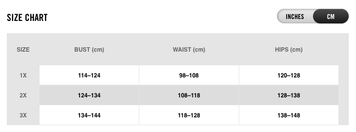 Nike Plus Size Range Size Chart