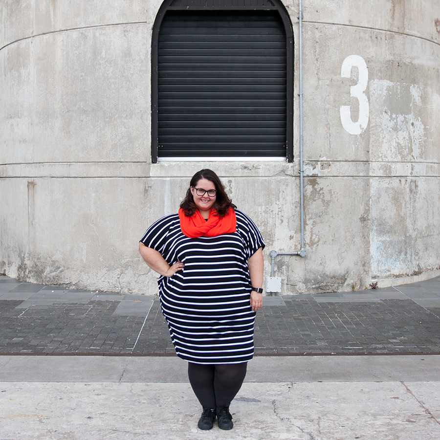 New Zealand plus size blogger Meagan Kerr wears Isla-Maree Curve+ Miracle Dress and Sonsee Opaque 100 Denier Tights in Shadow