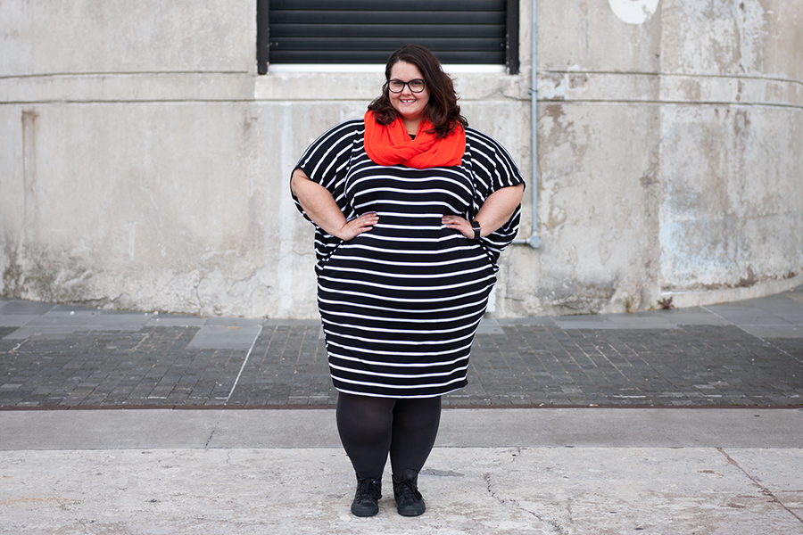 New Zealand plus size blogger Meagan Kerr wears Isla-Maree Curve+ Miracle Dress and Sonsee Opaque 100 Denier Tights in Shadow