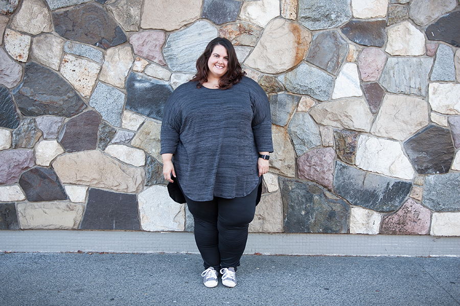 New Zealand plus size fashion blogger Meagan Kerr wears K&K Zip Back Cocoon Top and Yours Clothing Biker Pintuck Jeggings