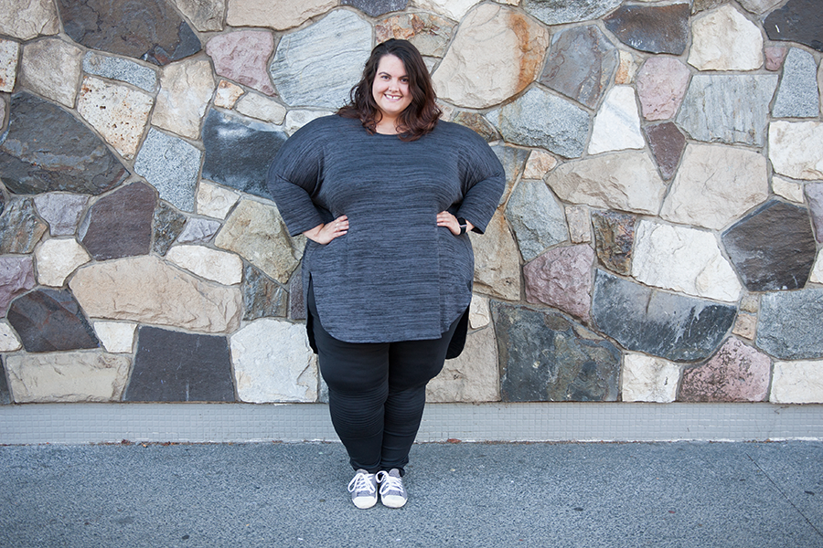 New Zealand plus size fashion blogger Meagan Kerr wears K&K Zip Back Cocoon Top and Yours Clothing Biker Pintuck Jeggings