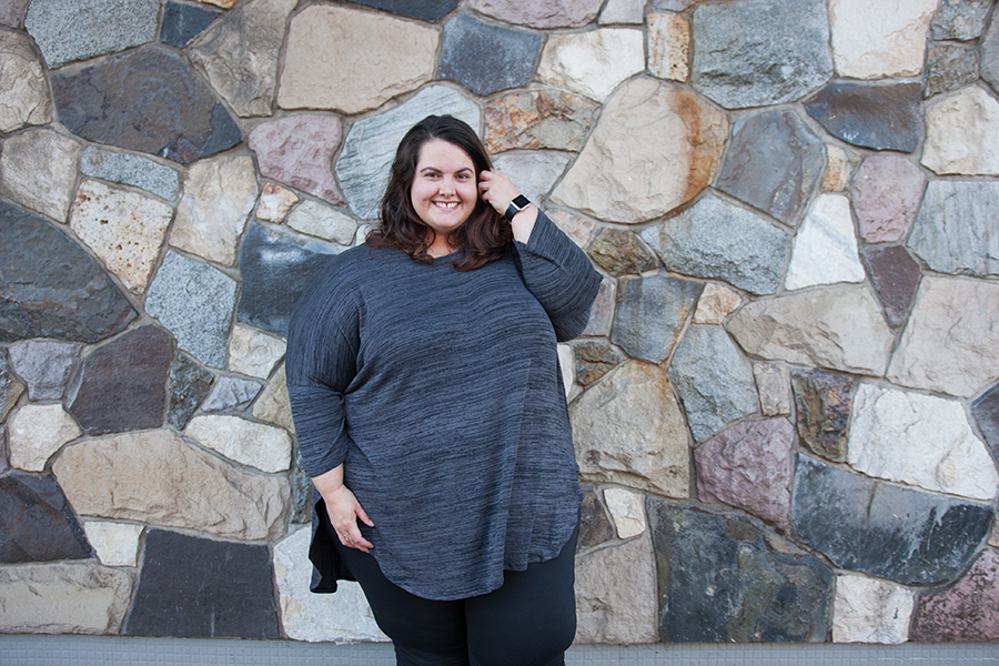 New Zealand plus size fashion blogger Meagan Kerr wears K&K Zip Back Cocoon Top and Yours Clothing Biker Pintuck Jeggings