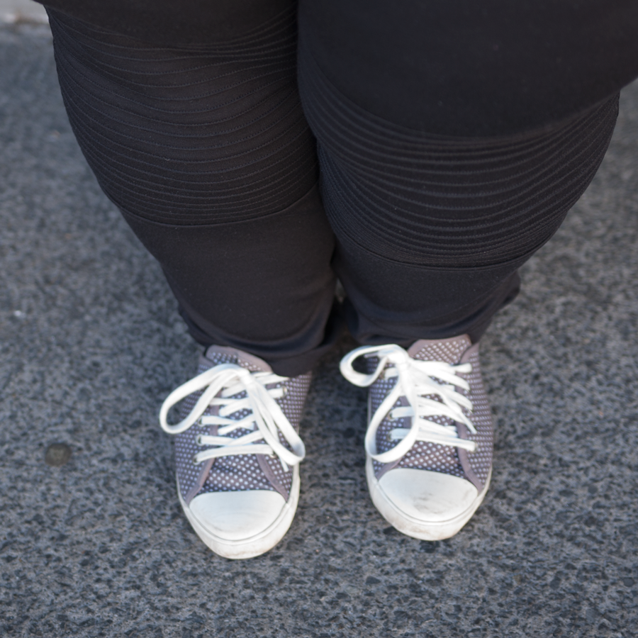 New Zealand plus size fashion blogger Meagan Kerr wears Yours Clothing Biker Pintuck Jeggings and Next Sneakers from EziBuy