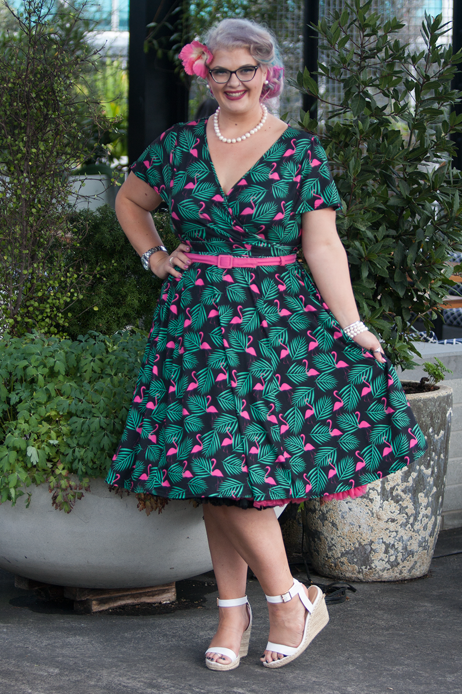 Hannah Gough from Survivor New Zealand wears Lady Voluptuous Lyra Art Deco Flamingo Dress / Photo: Doug Peters, Ambient Light